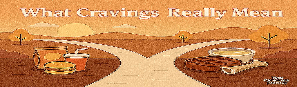 Warm lighting surrounds a symbolic split path: one leads toward processed food, the other toward a hearty carnivore meal.