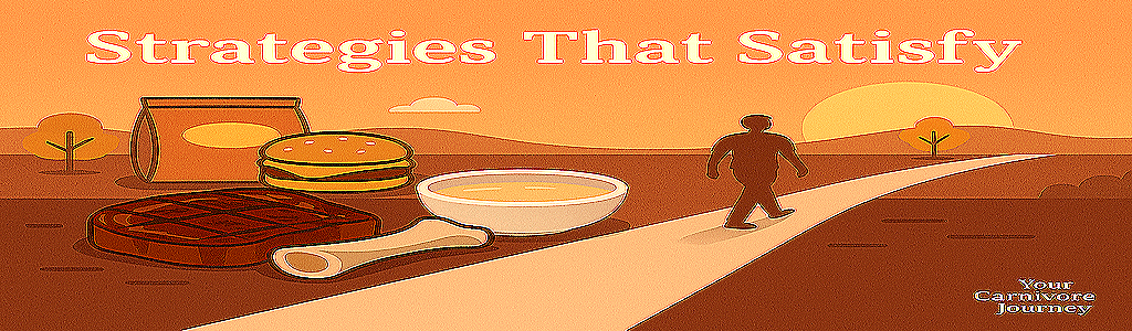 Visual depiction of a ribeye steak, bone broth, and walking path under sunlight — representing satiety, hydration, and movement.