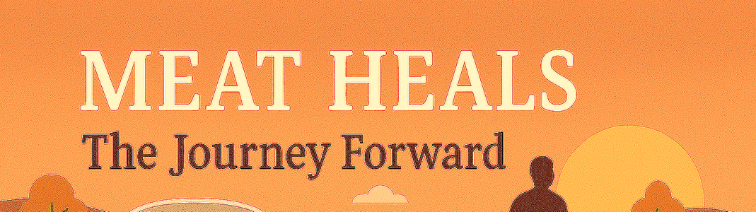 Sunlit horizon with a person walking confidently, backed by carnivore-friendly foods and motivational text.