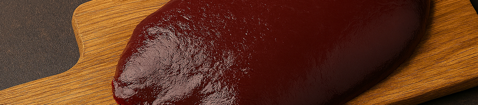 Fresh raw beef liver with a glossy surface placed on a wooden cutting board, set against a dark textured background — ideal for nose-to-tail carnivore meal prep.