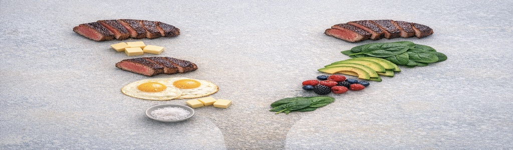 Two food paths forming a fork‑in‑the‑road shape, one carnivore and one ketovore.”