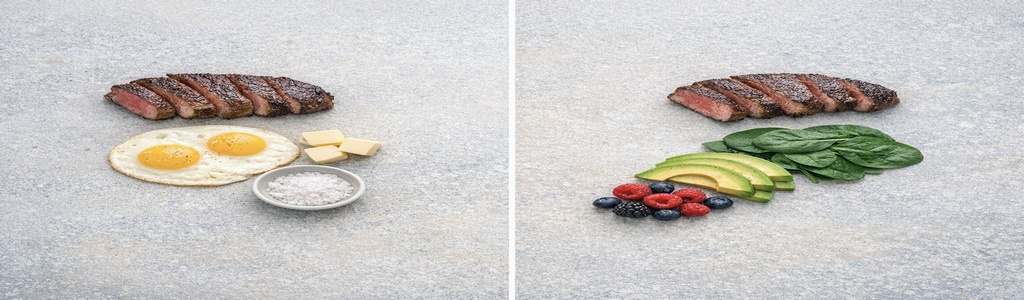 “Flat‑lay showing carnivore foods on one side and ketovore foods with added low‑carb options on the other.”