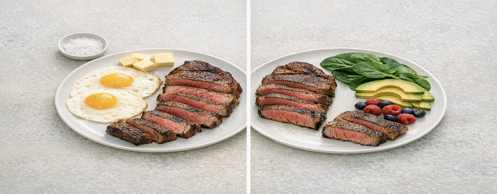 “Side‑by‑side plates showing carnivore foods on one side and ketovore foods on the other.”