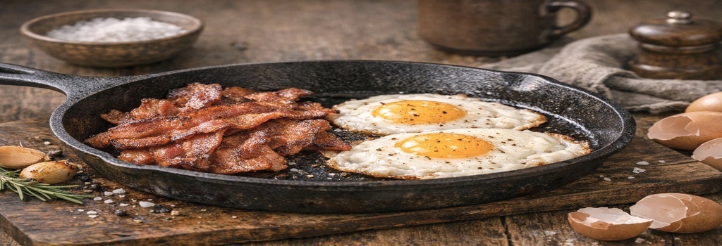 Crispy bacon and sunny‑side‑up eggs sizzling in a cast‑iron skillet on a wooden table, rustic kitchen lighting.