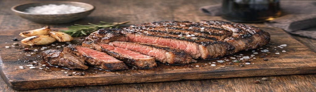 Juicy sliced ribeye steak on rustic wooden board with roasted garlic and rosemary
