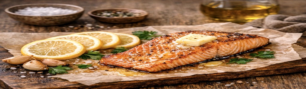 Salmon fillet with butter and lemon slices representing a simple ketovore transition meal.”