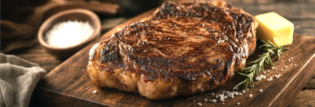 Seared steak on wooden board with rosemary and butter, symbolizing stable energy from meat. 