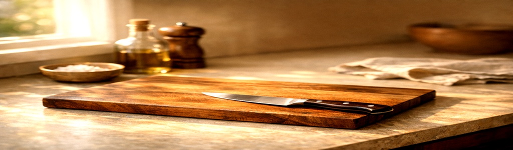 Cutting board and steak knife in warm natural light 