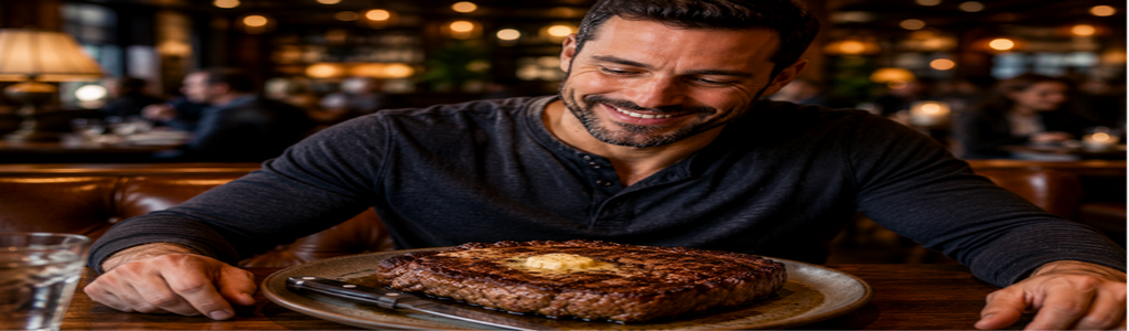 Person eating a ribeye steak at a restaurant while following the carnivore diet and avoiding non-carnivore foods