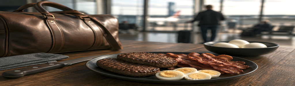 Carnivore diet travel meal with burger patties bacon and eggs prepared for airport and road trip dining.