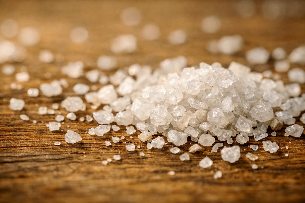 Coarse salt crystals on a wooden surface in warm rustic lighting