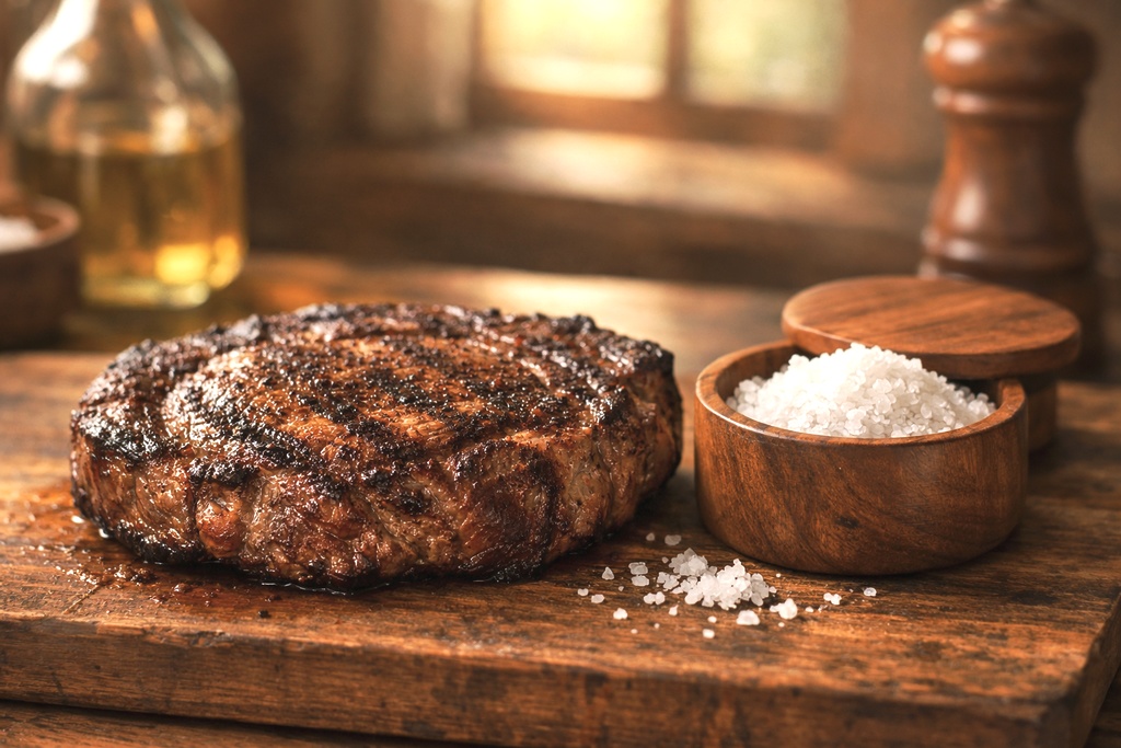 Grilled ribeye steak on a wooden cutting board with coarse salt in a rustic kitchen setting