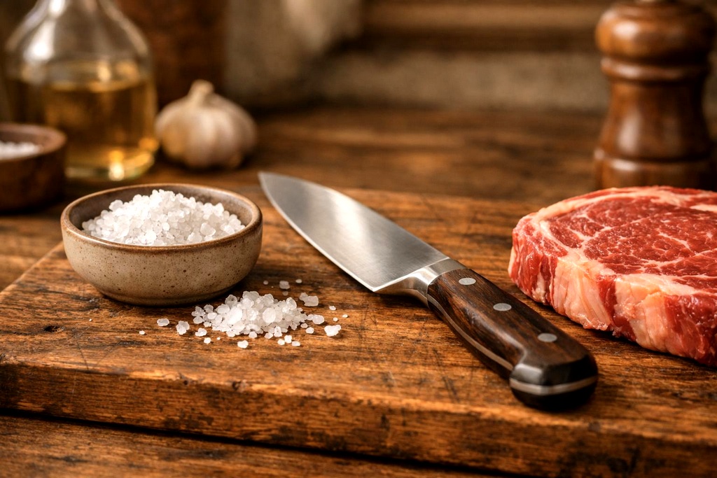 Coarse salt, chef’s knife, and raw ribeye steak on a wooden cutting board