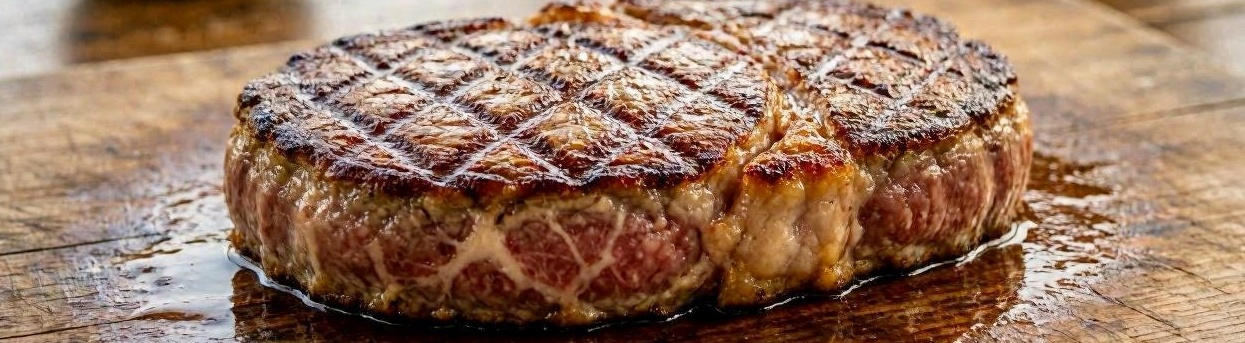 Close‑up of a thick grilled steak with crosshatch grill marks and glossy rendered fat on a wooden surface.
