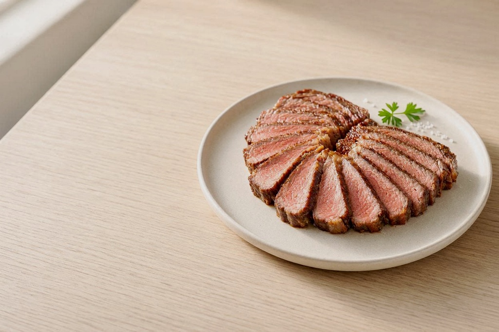 Landscape photo of sliced ribeye in warm kitchen light, symbolizing the gut reset and calmer digestion on the carnivore diet.