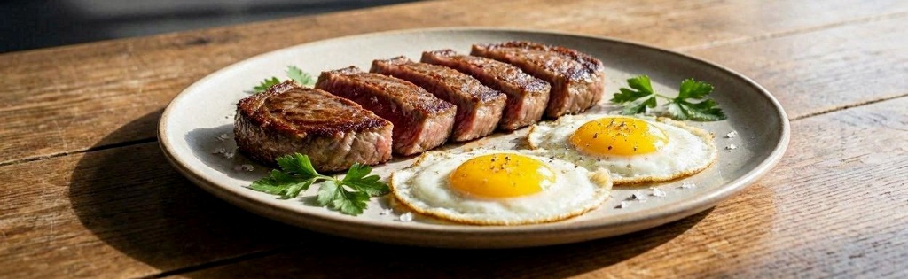 Plate of steak and sunny‑side‑up eggs with light parsley garnish on a wooden table, showcasing a classic carnivore breakfast.