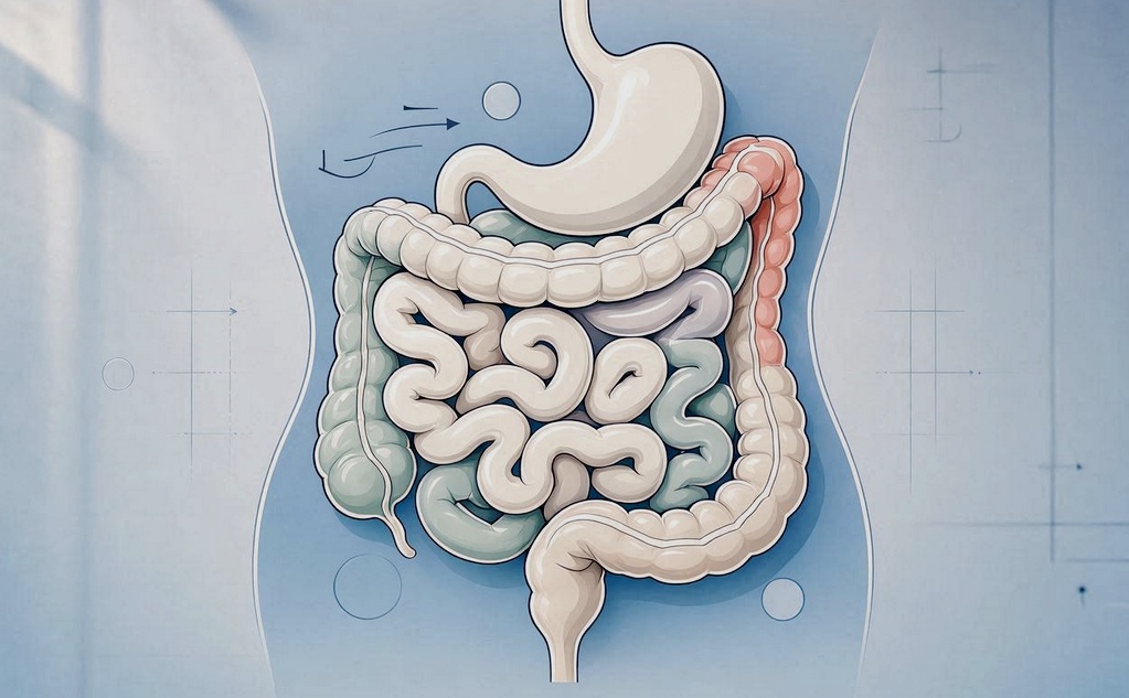 Landscape gut diagram showing digestive changes when switching from fiber‑heavy foods to meat.
