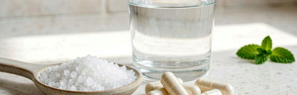 Salt, magnesium capsules, and water on a countertop, representing electrolyte balance and its impact on sleep quality.