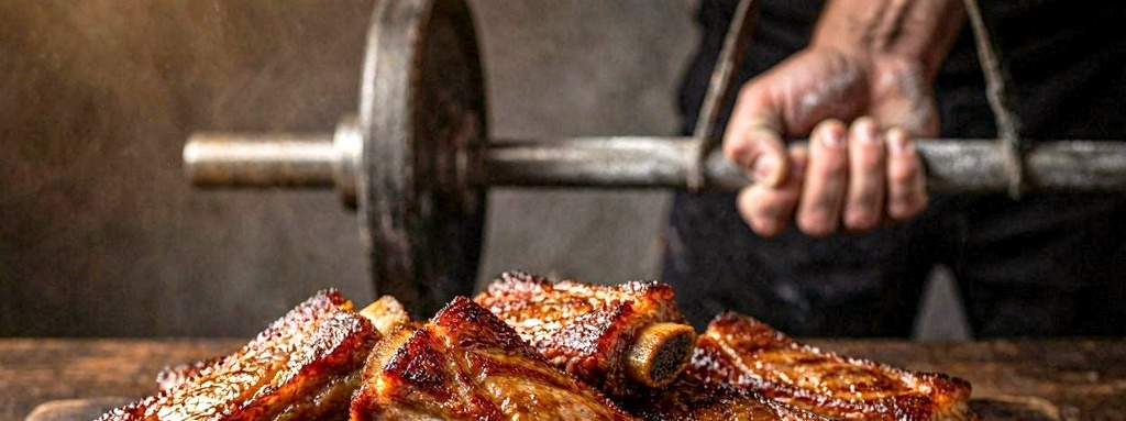Glazed and caramelized pork ribs on a wooden board with a barbell hand grip in the background, symbolizing strength and high‑protein carnivore eating.