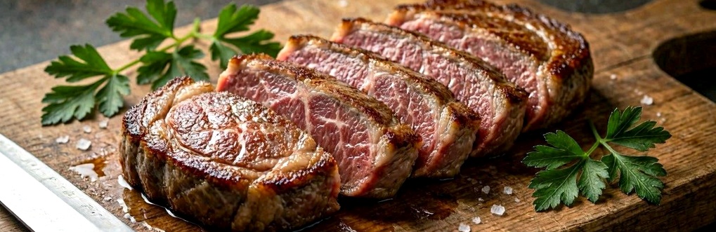 Medium‑rare ribeye steak on a cutting board, representing how dietary fat supports stable nighttime energy and better sleep.
