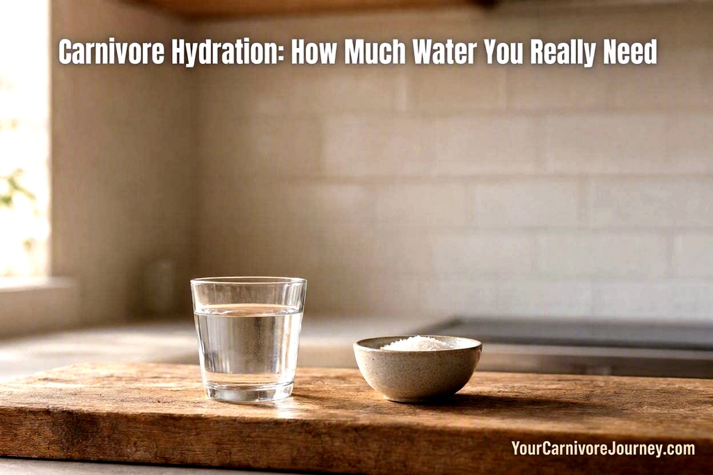 Wide banner image showing a water glass and salt bowl with the title “Carnivore Hydration: How Much Water You Really Need.” 