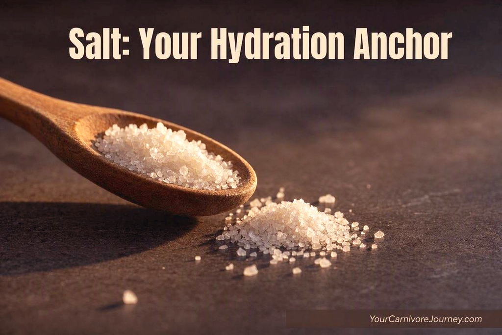 Wide banner image of coarse sea salt spilling from a wooden spoon with overlay text reading “Salt: Your Hydration Anchor.” 