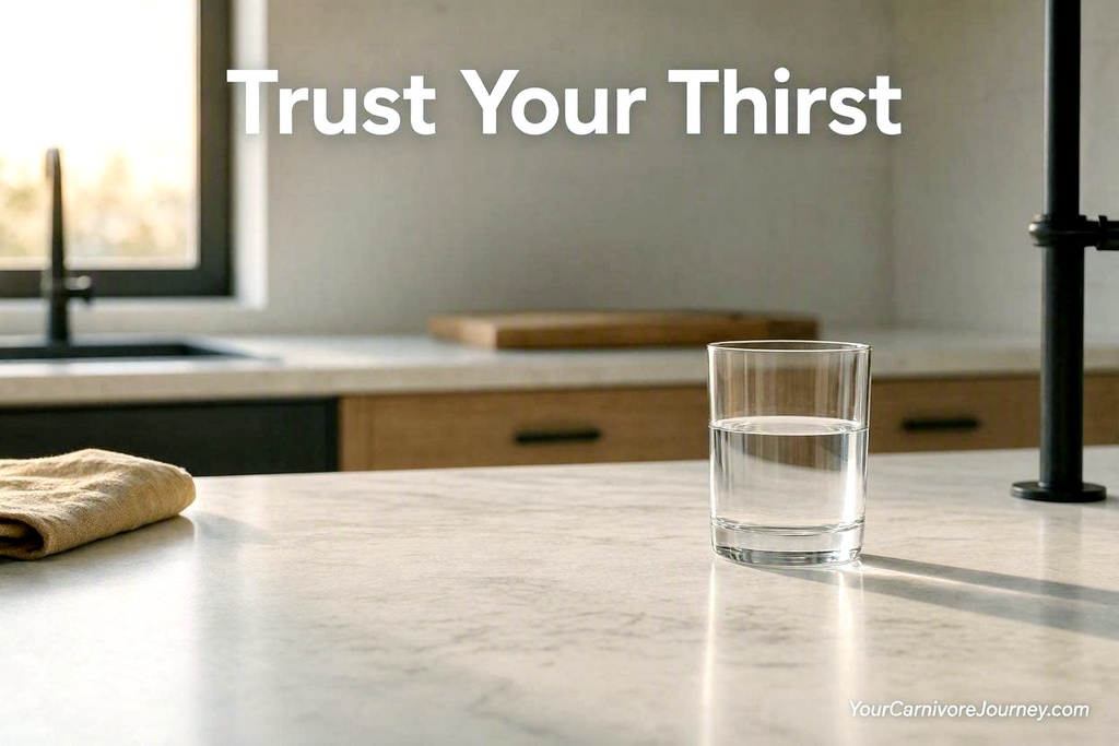 Wide banner image of a half‑full water glass in soft morning light with overlay text “Trust Your Thirst.” 