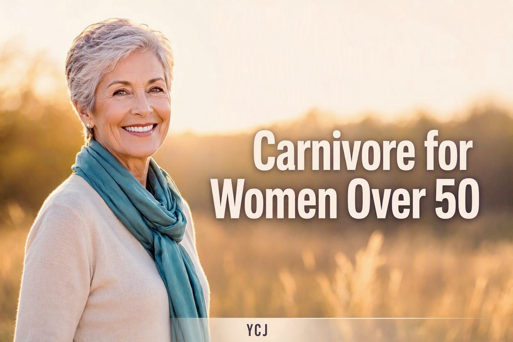 Confident woman over 50 outdoors on carnivore diet banner.
