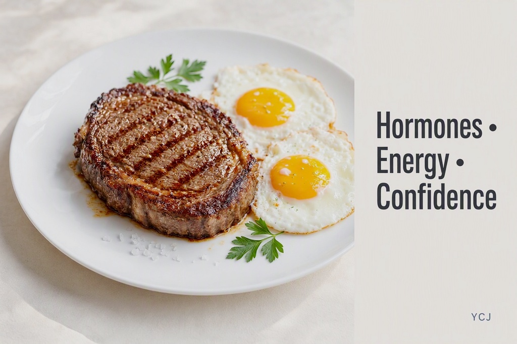 Ribeye and eggs carnivore meal banner for women over 50.