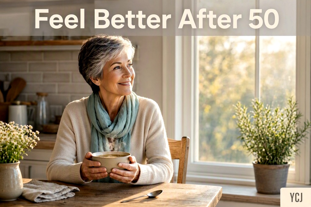 Woman over 50 enjoying morning broth on carnivore diet.