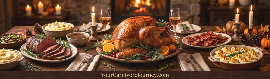 Carnivore Thanksgiving table with a golden roasted turkey, sliced roast beef, bacon, and deviled eggs