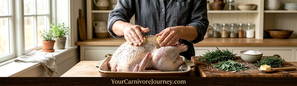 Hands rubbing salt and butter onto a raw turkey in a bright kitchen to prepare a carnivore Thanksgiving