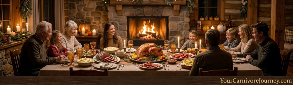 Family gathered around a holiday dinner table with roasted turkey, ready to enjoy a carnivore Thanksgiving